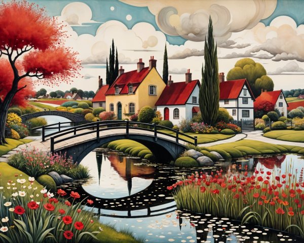 Charming Landscape with Red-Roofed Houses and Gardens
