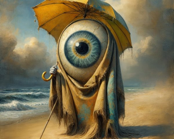 Surreal Figure on Beach with Umbrella and Single Eye