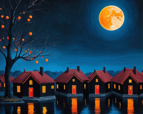 Serene Night Scene with Black Houses and Moonlight