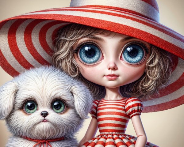 Whimsical Girl in Striped Dress with Puppy Illustration