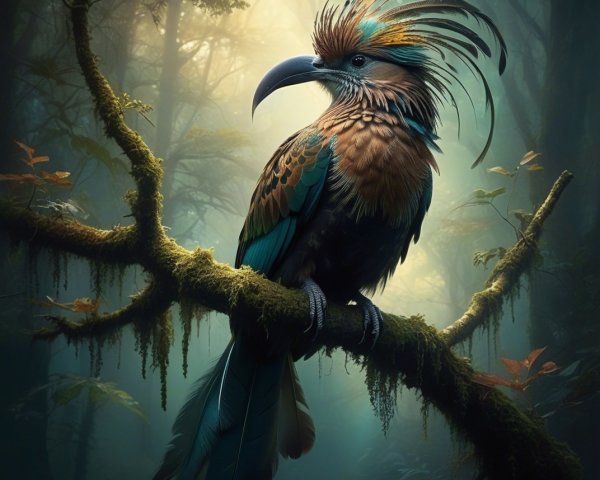 Vibrant Exotic Bird on Mossy Branch in Misty Forest