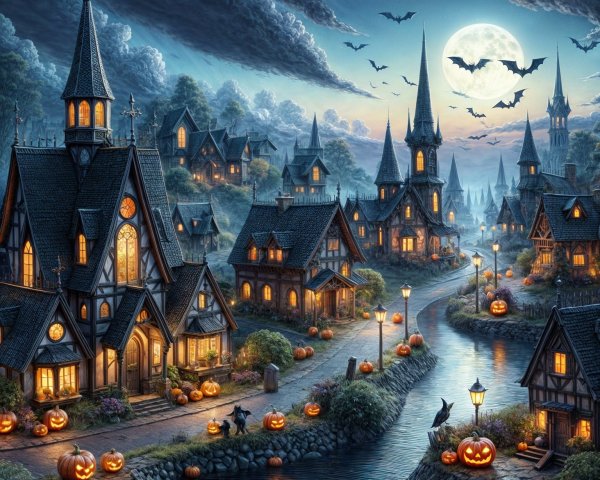 Halloween Village Scene with Gothic Houses and Jack-o'-lanterns
