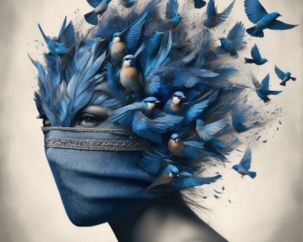 Woman with Denim Mask and Vibrant Birds Illustration