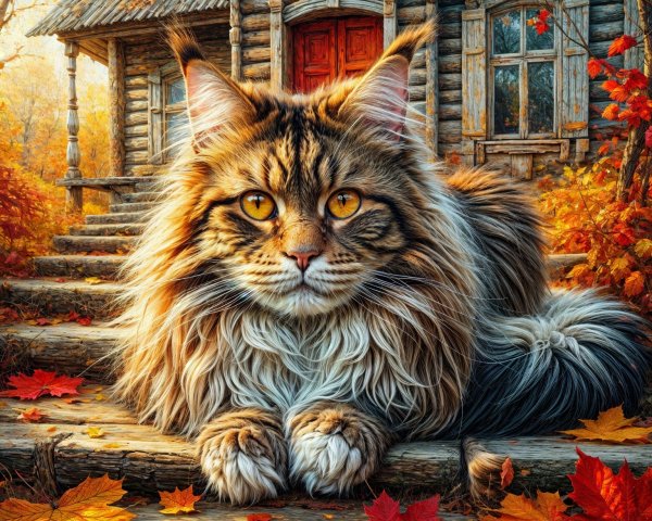 Maine Coon Cat on Steps by Autumn Cabin