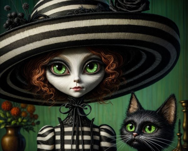 Whimsical Character with Striped Hat and Black Cat