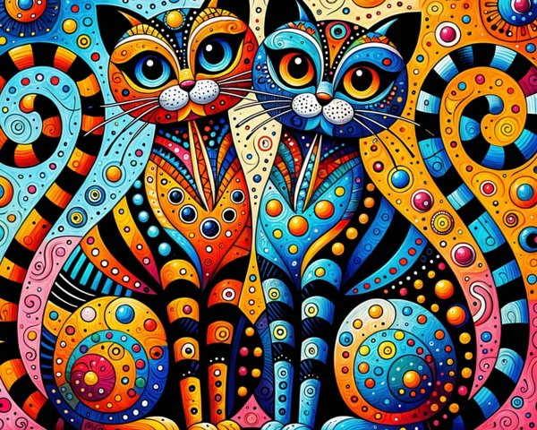 Vibrant Artwork of Whimsical Cats with Colorful Patterns