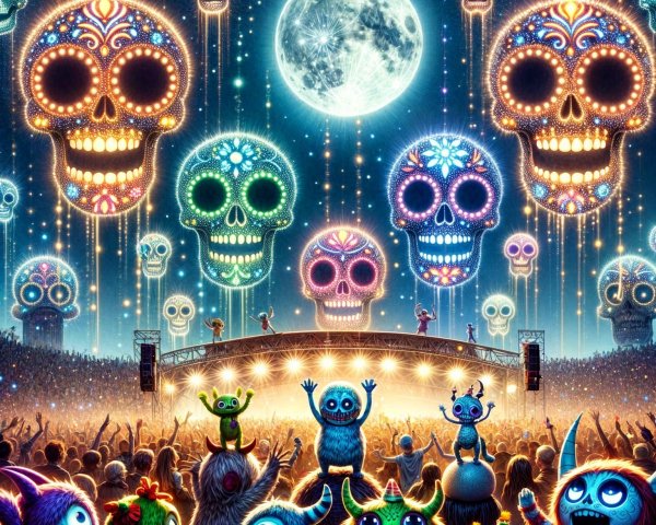 Moonlit Festival with Colorful Sugar Skulls and Monsters