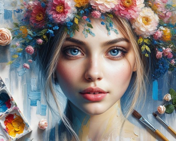 Portrait of a Young Woman with Floral Crown and Colors
