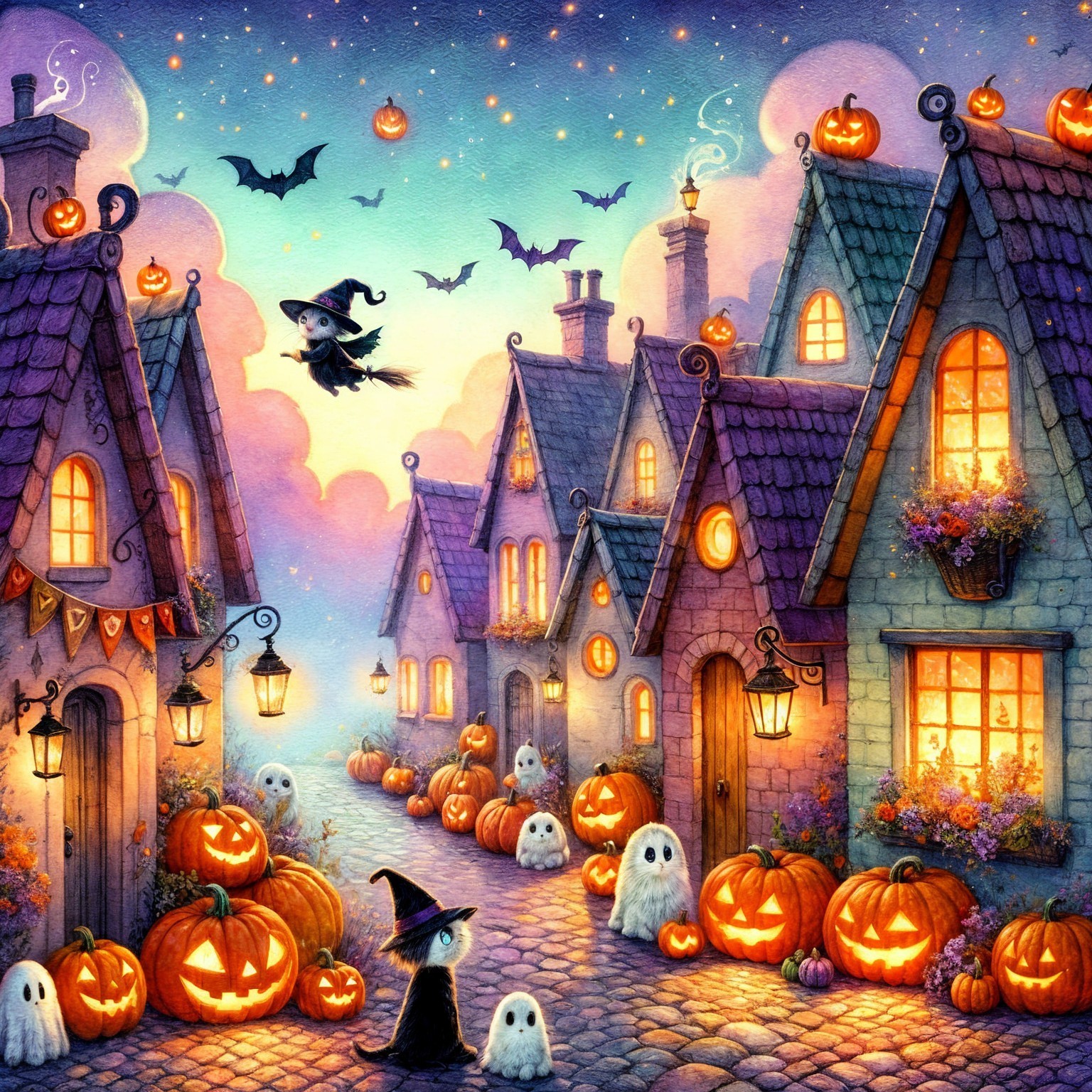 Whimsical Halloween Scene with Cottages and Ghosts