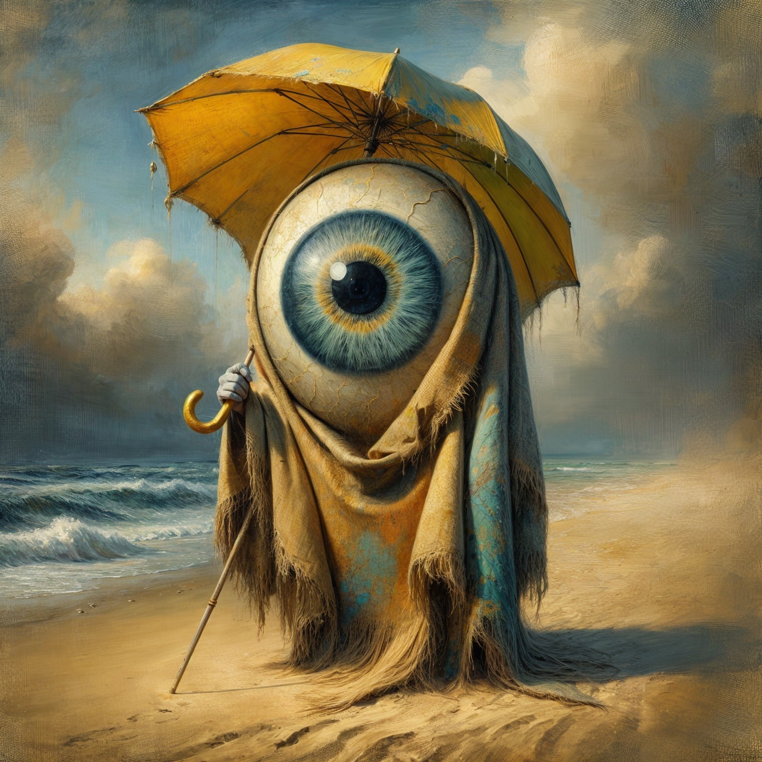 Surreal Figure on Beach with Umbrella and Single Eye