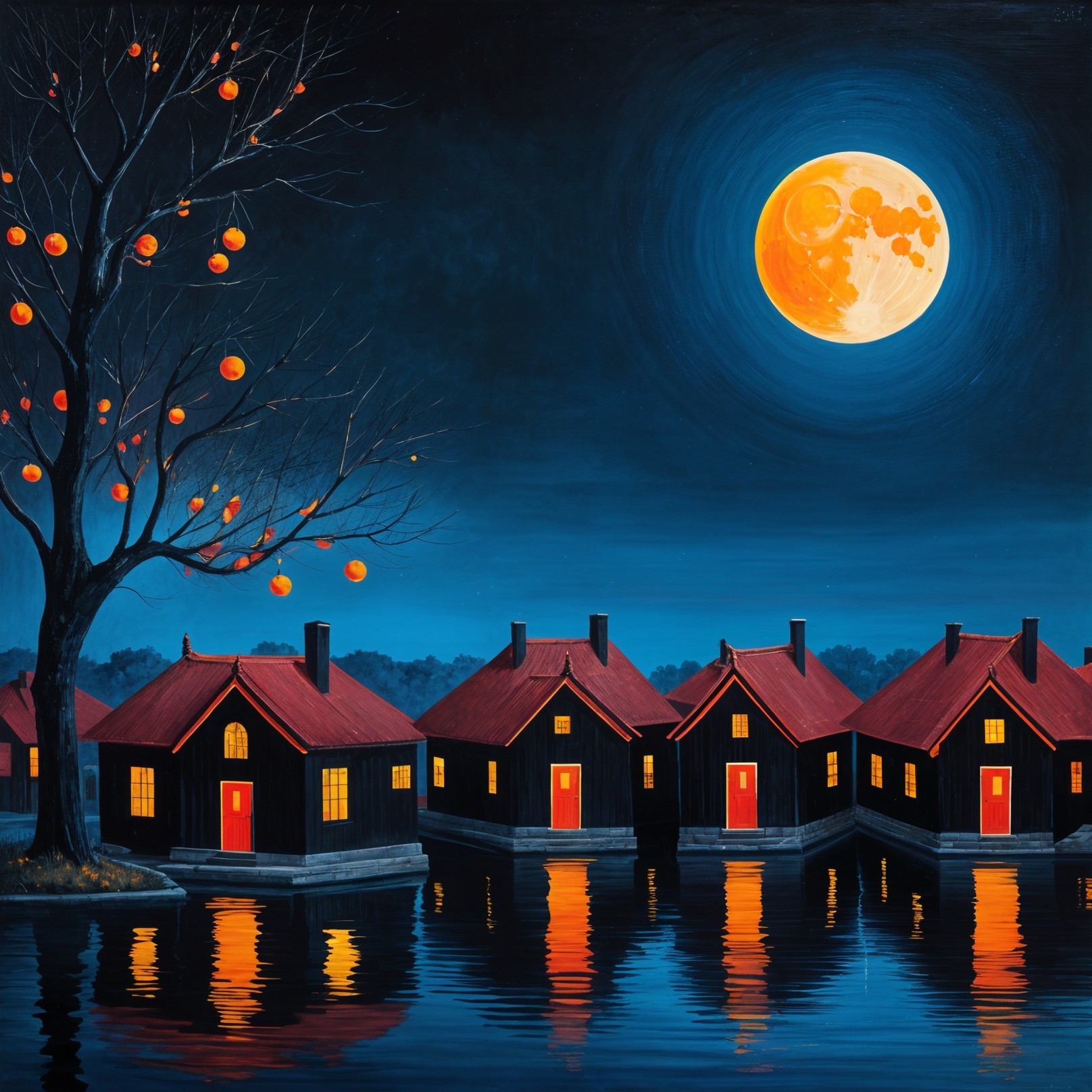 Serene Night Scene with Black Houses and Moonlight