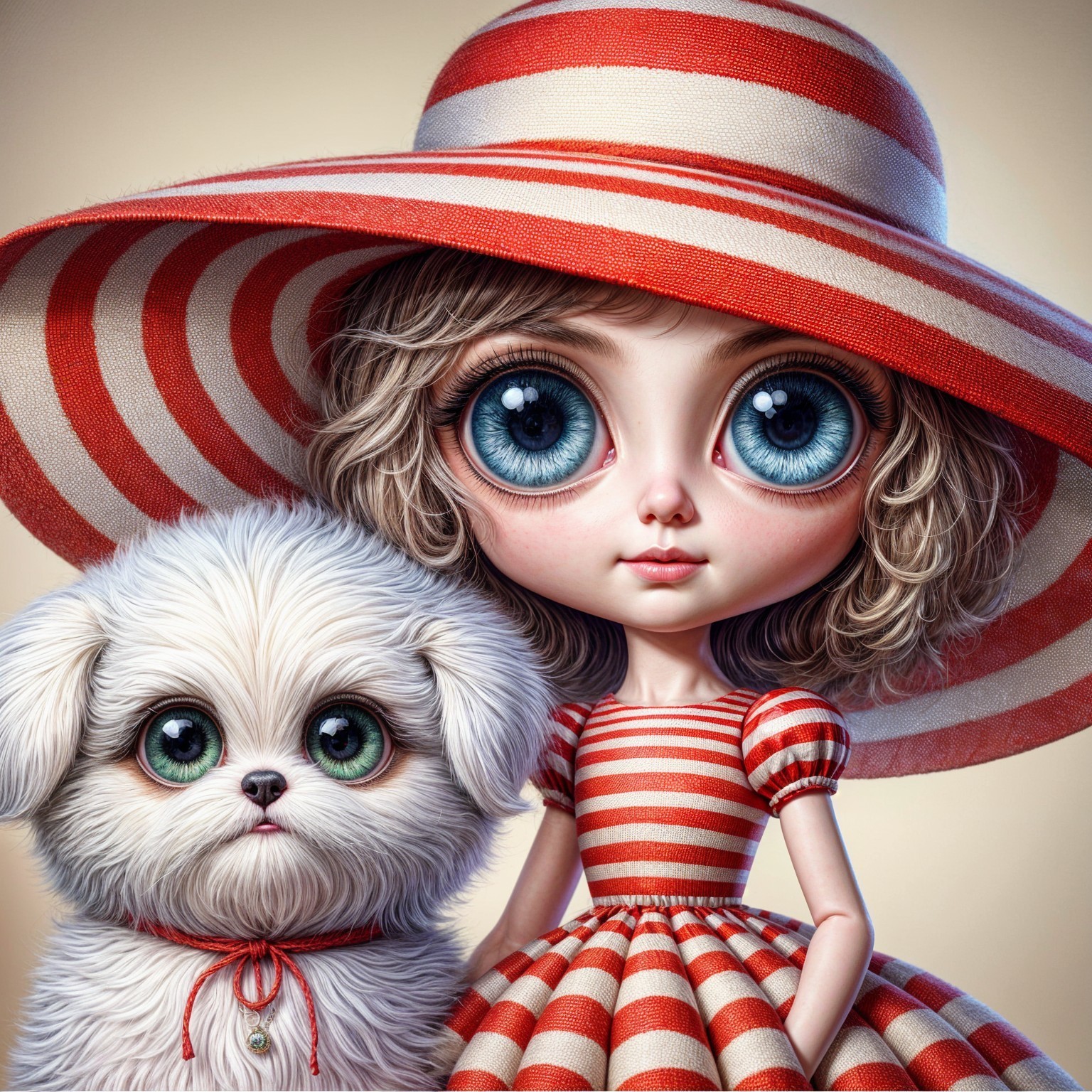 Whimsical Girl in Striped Dress with Puppy Illustration