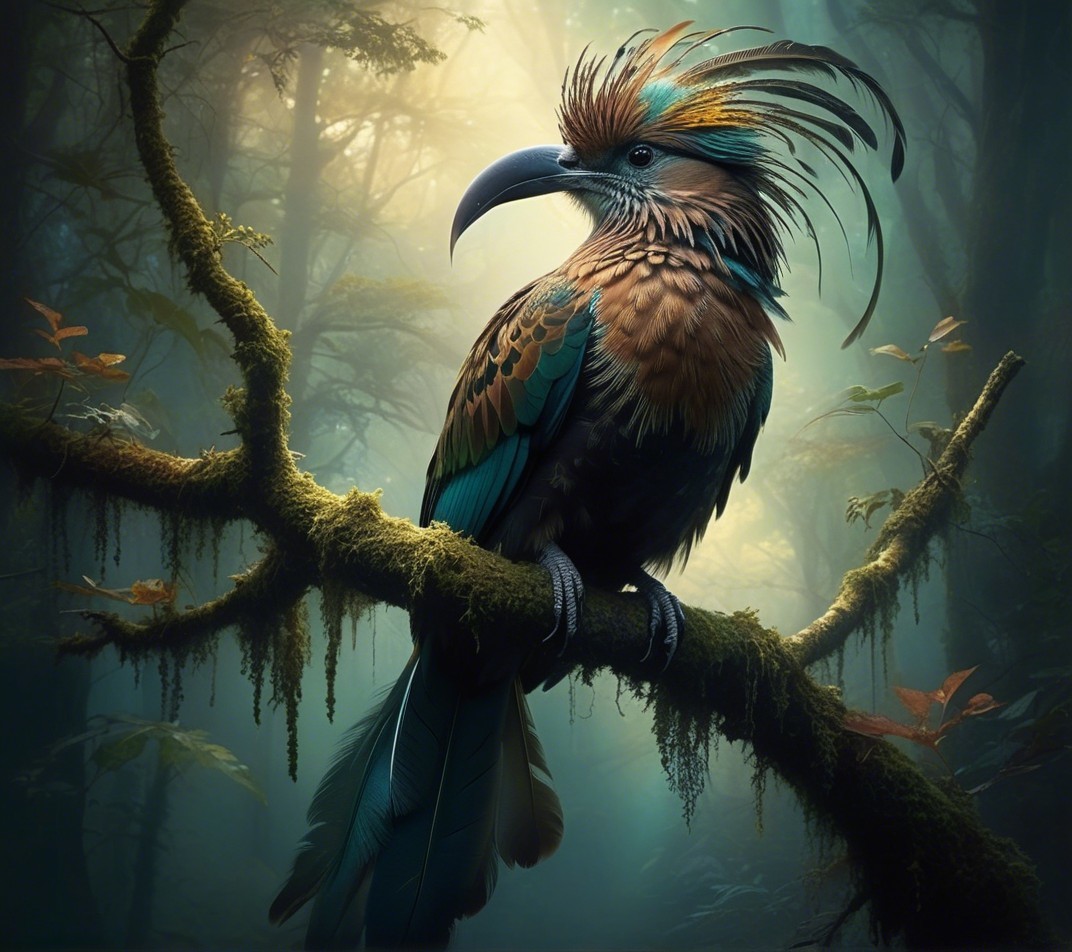 Vibrant Exotic Bird on Mossy Branch in Misty Forest