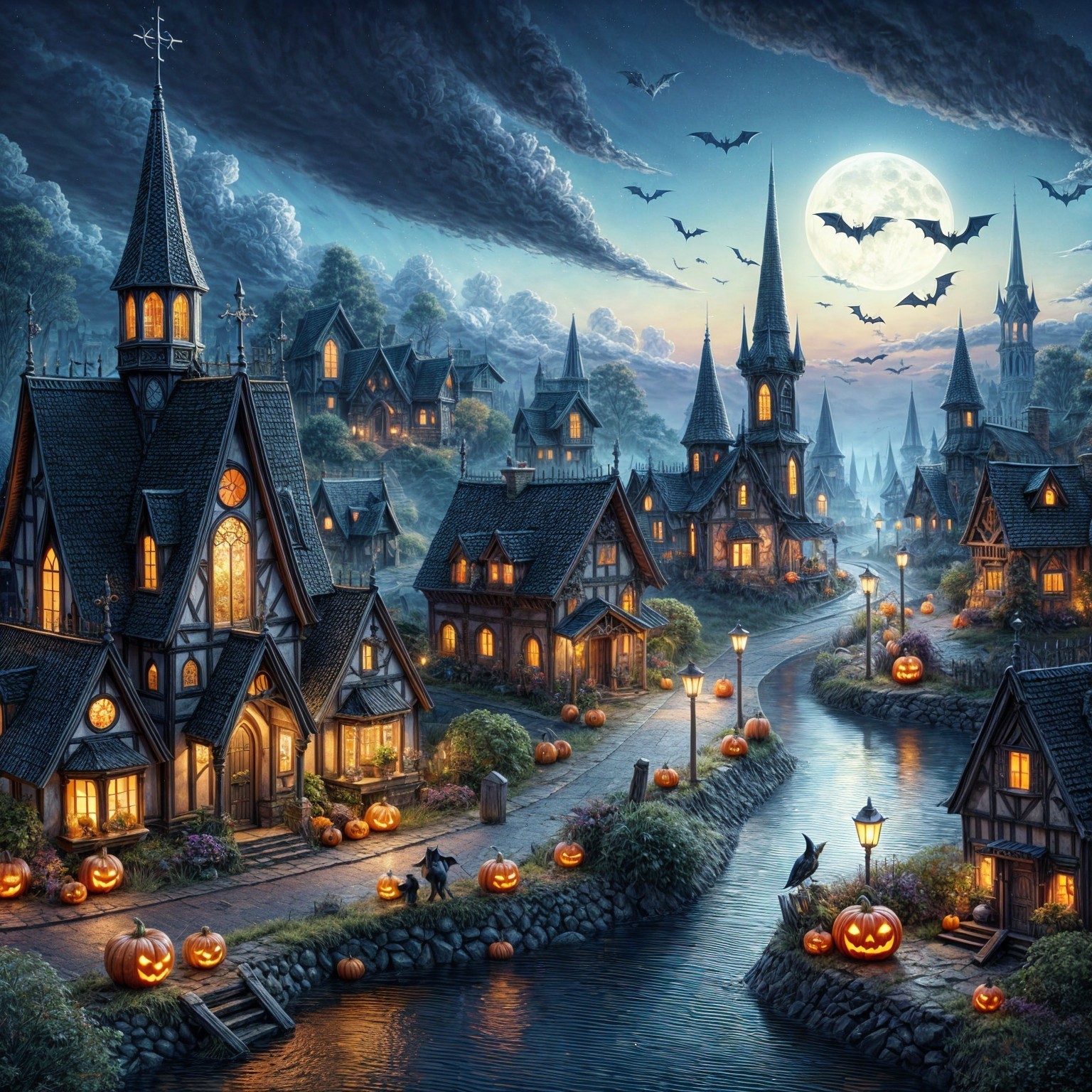 Halloween Village Scene with Gothic Houses and Jack-o'-lanterns