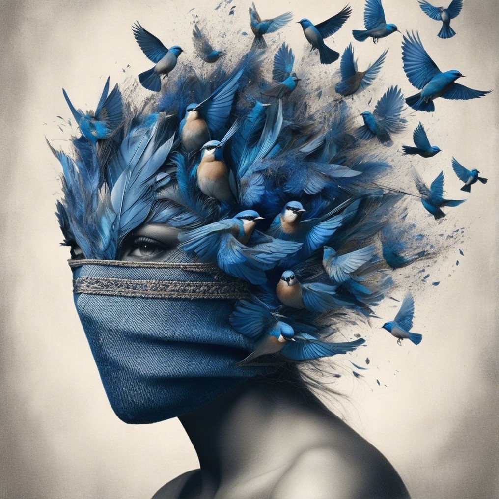 Woman with Denim Mask and Vibrant Birds Illustration