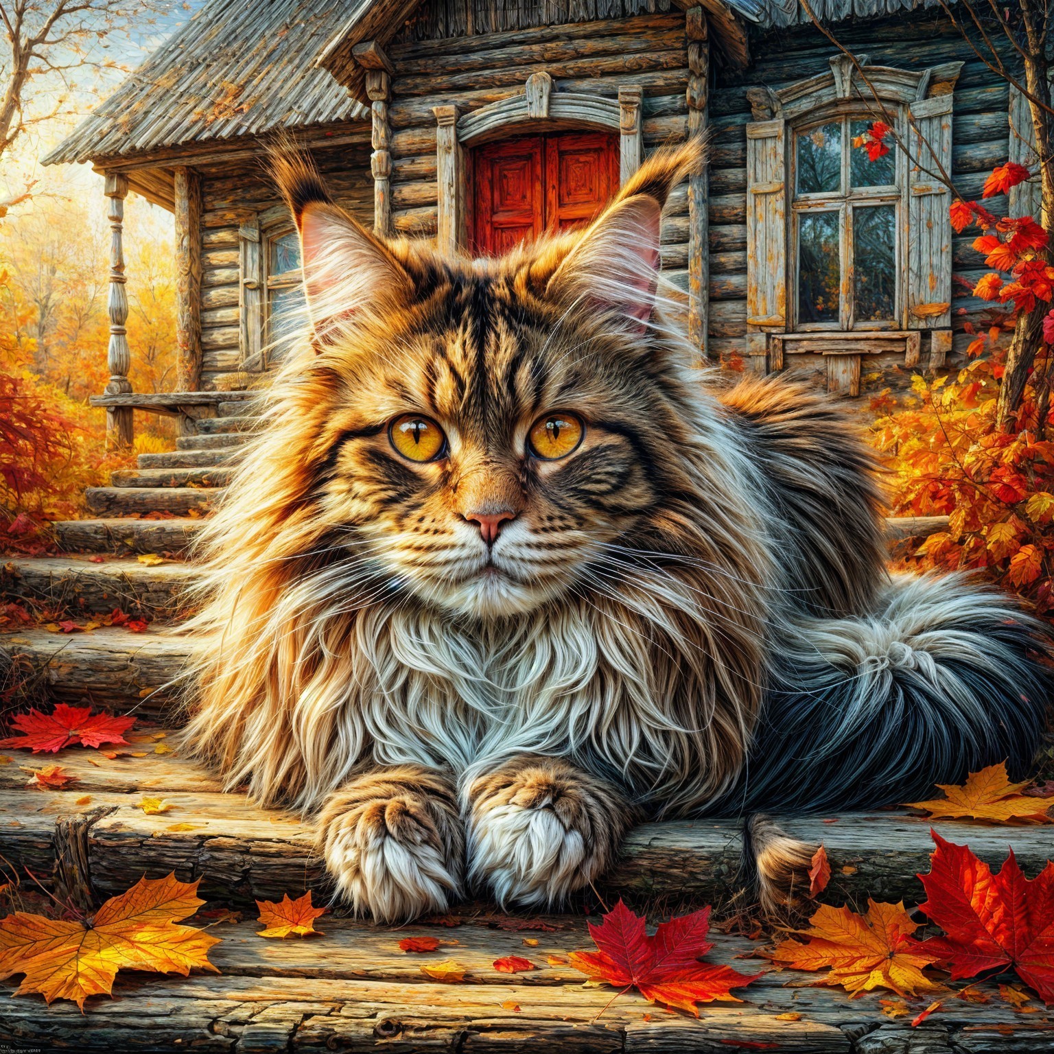 Maine Coon Cat on Steps by Autumn Cabin