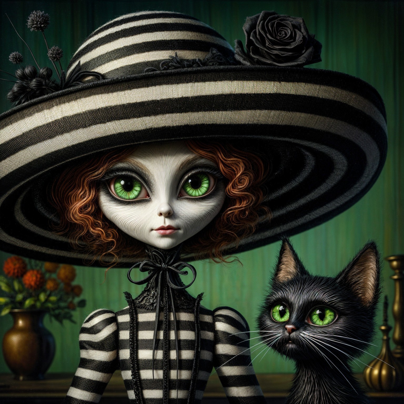 Whimsical Character with Striped Hat and Black Cat