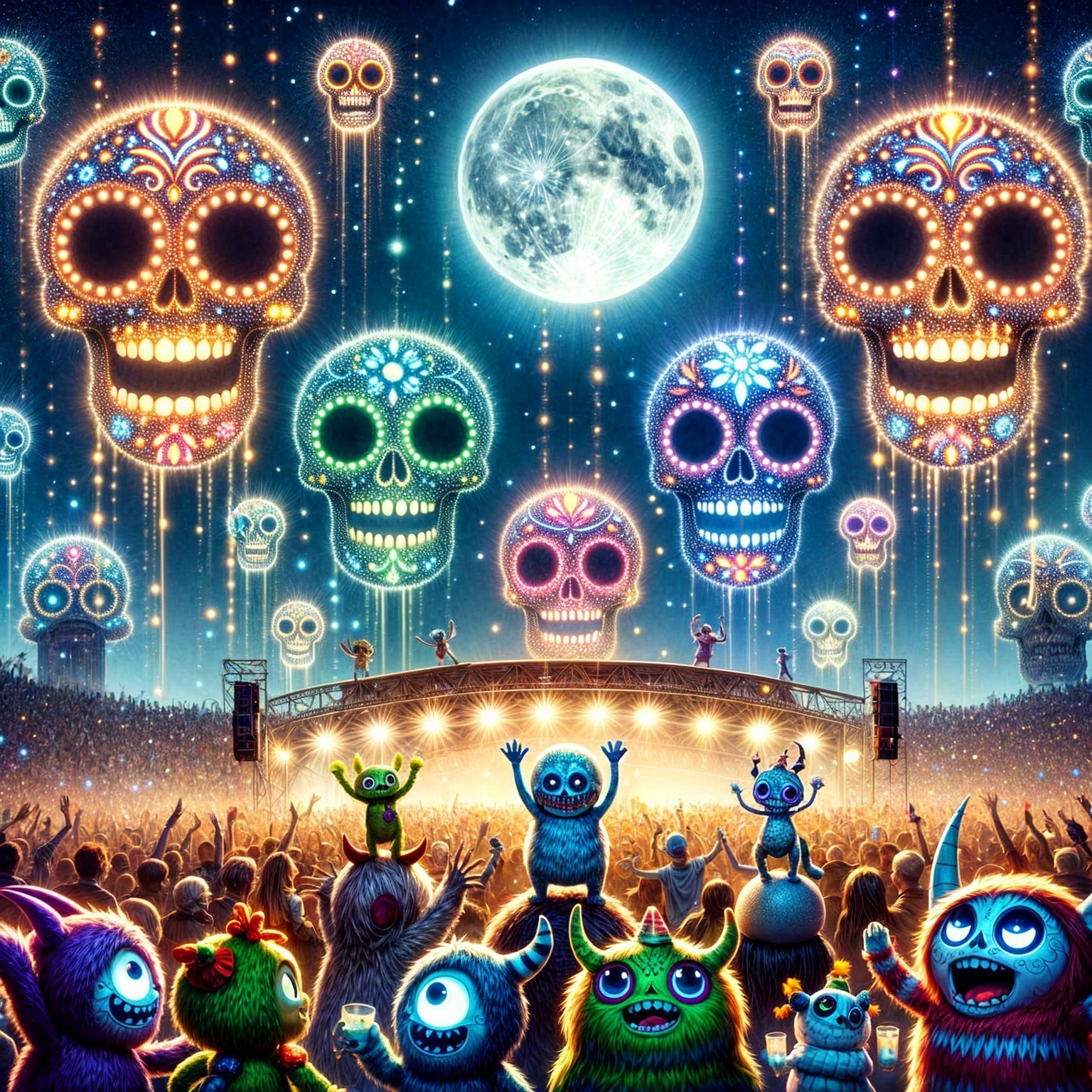 Moonlit Festival with Colorful Sugar Skulls and Monsters