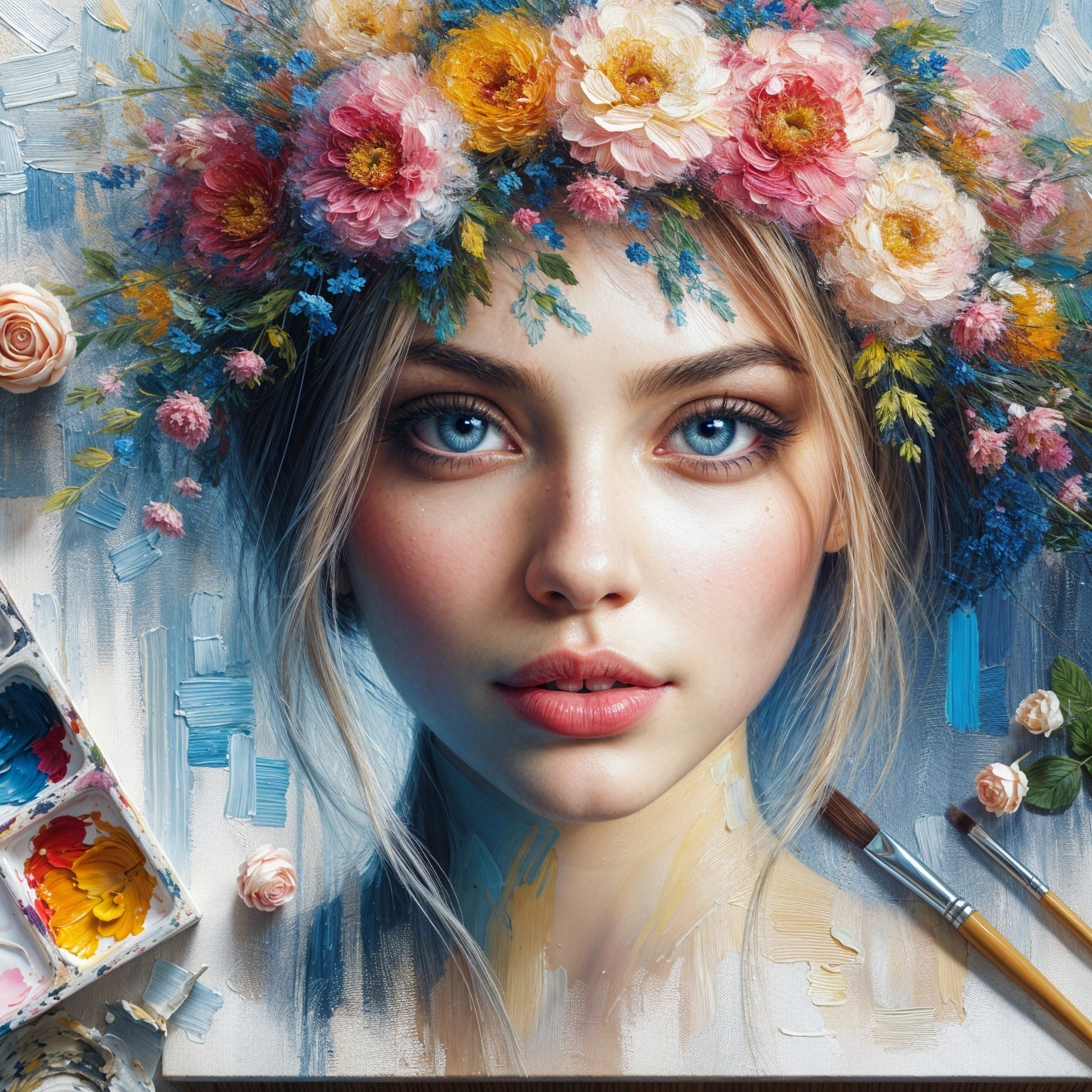 Portrait of a Young Woman with Floral Crown and Colors