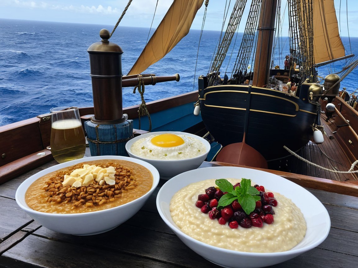 Bowls of Dishes on a Ship Table with Ocean View