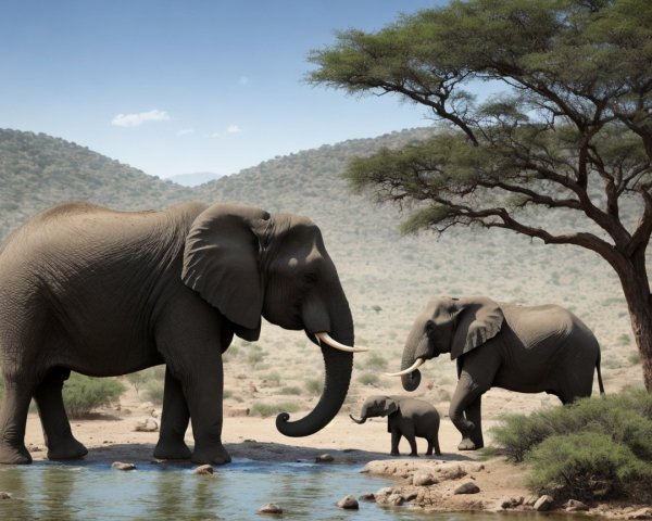 Elephants by a Waterhole in a Serene Wilderness Scene