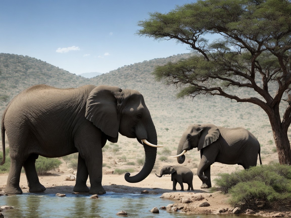 Elephants by a Waterhole in a Serene Wilderness Scene
