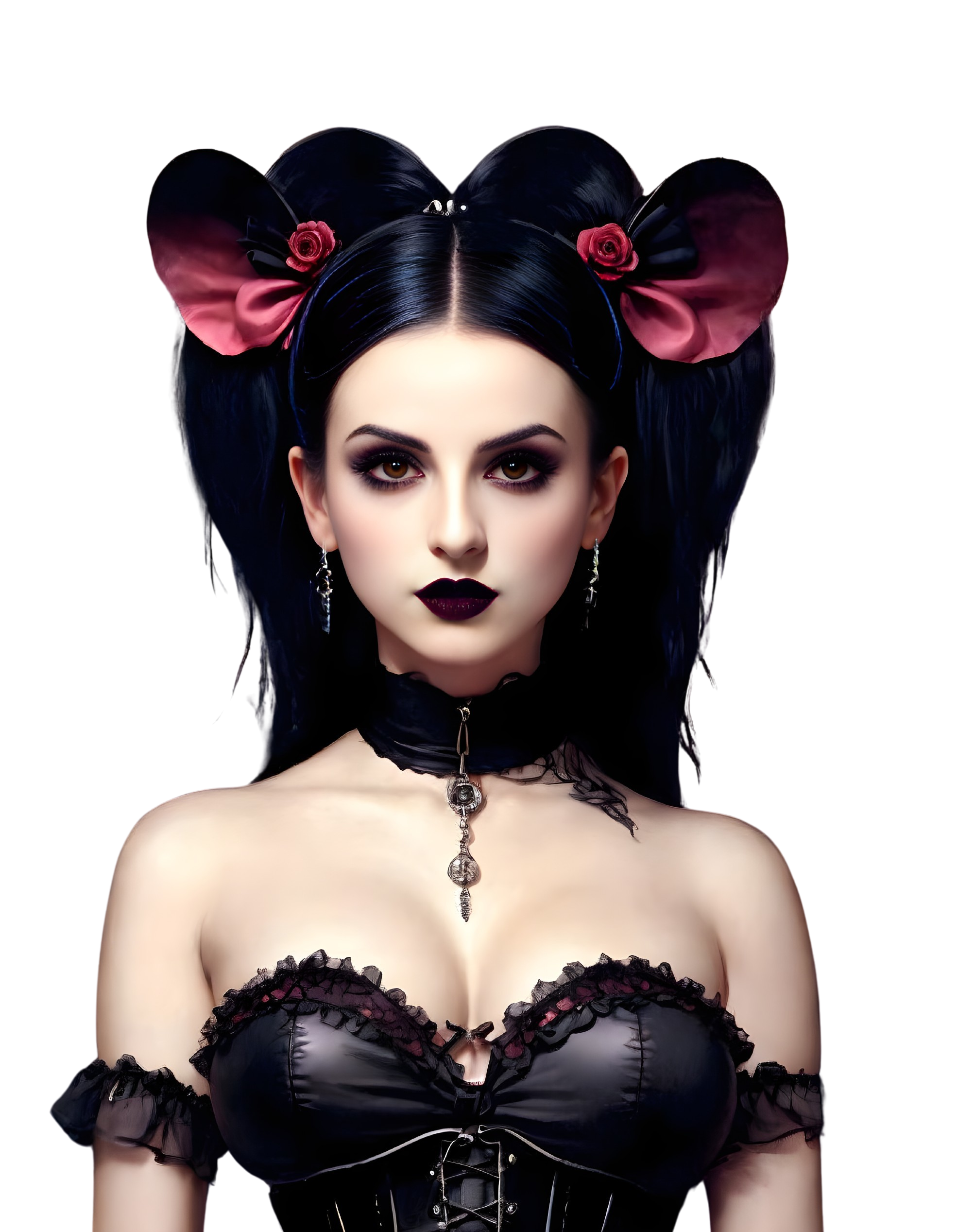 Stylized portrait: Woman with dark hair, pale skin, black corset