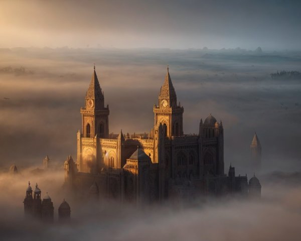 Majestic castle shrouded in fog with golden light