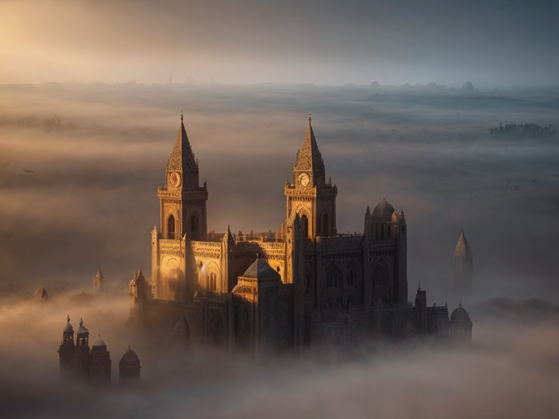 Majestic castle shrouded in fog with golden light