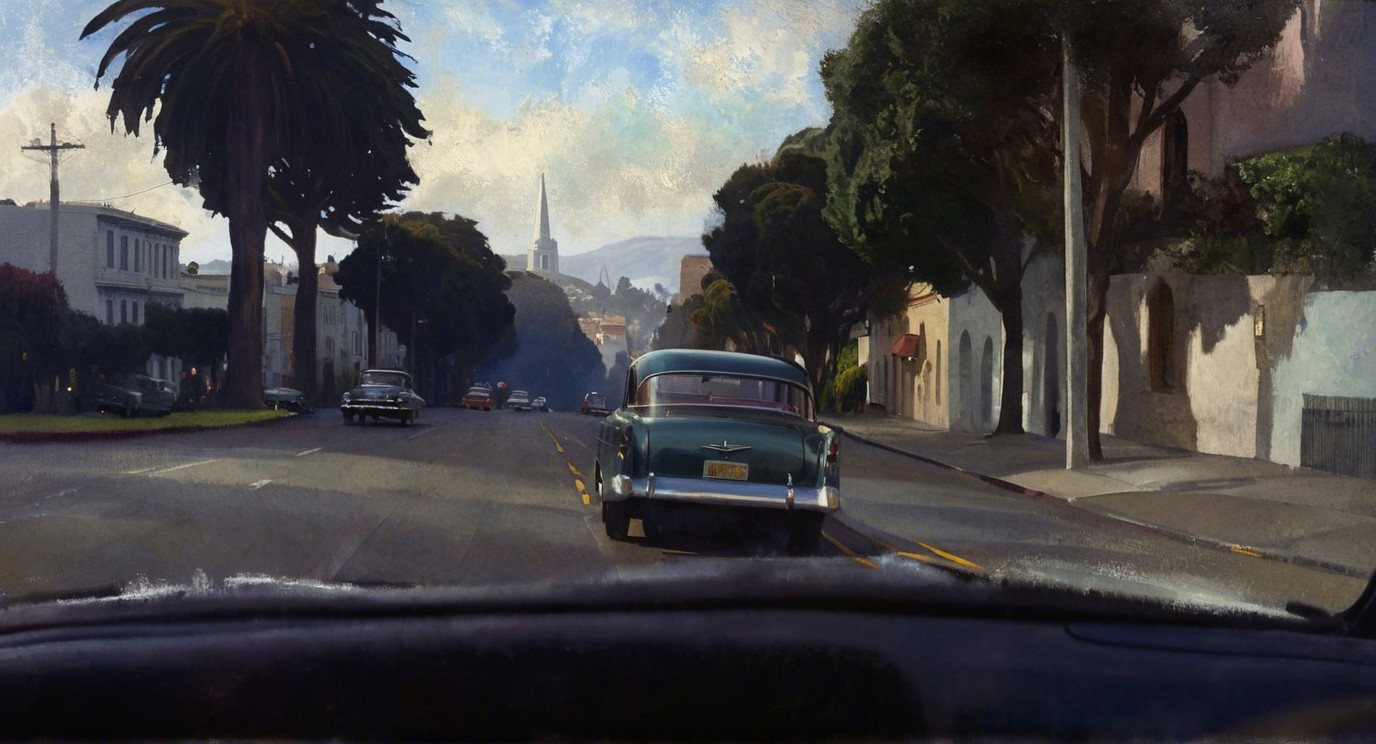 Vintage Car on Tree-Lined Street in Nostalgic Setting