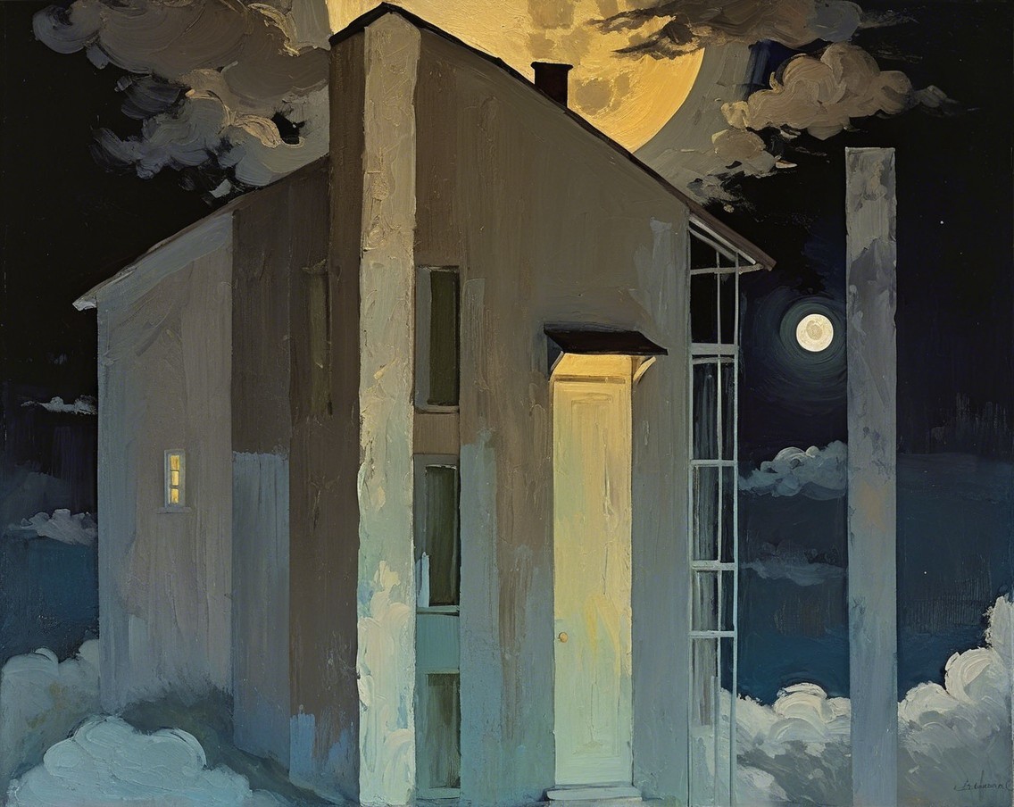Surreal Painting of Minimalist House Under Moonlight