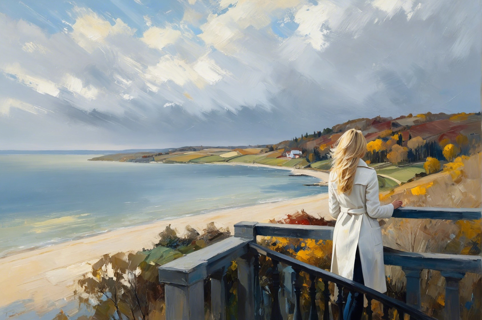 Impressionist Digital Painting of Woman Overlooking Coastline
