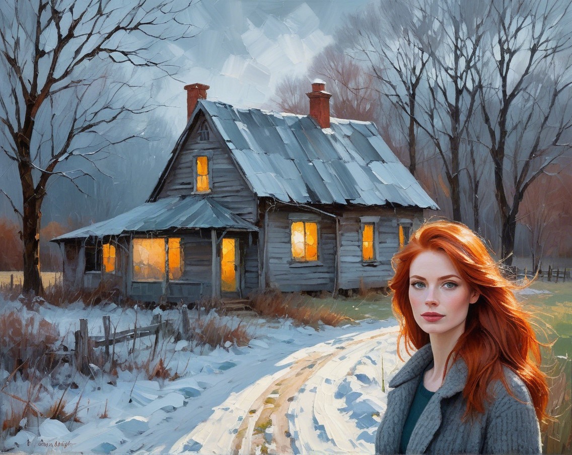 Rustic cabin in serene winter landscape with woman