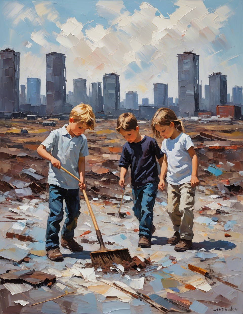 Children Cleaning Debris in Urban Landscape