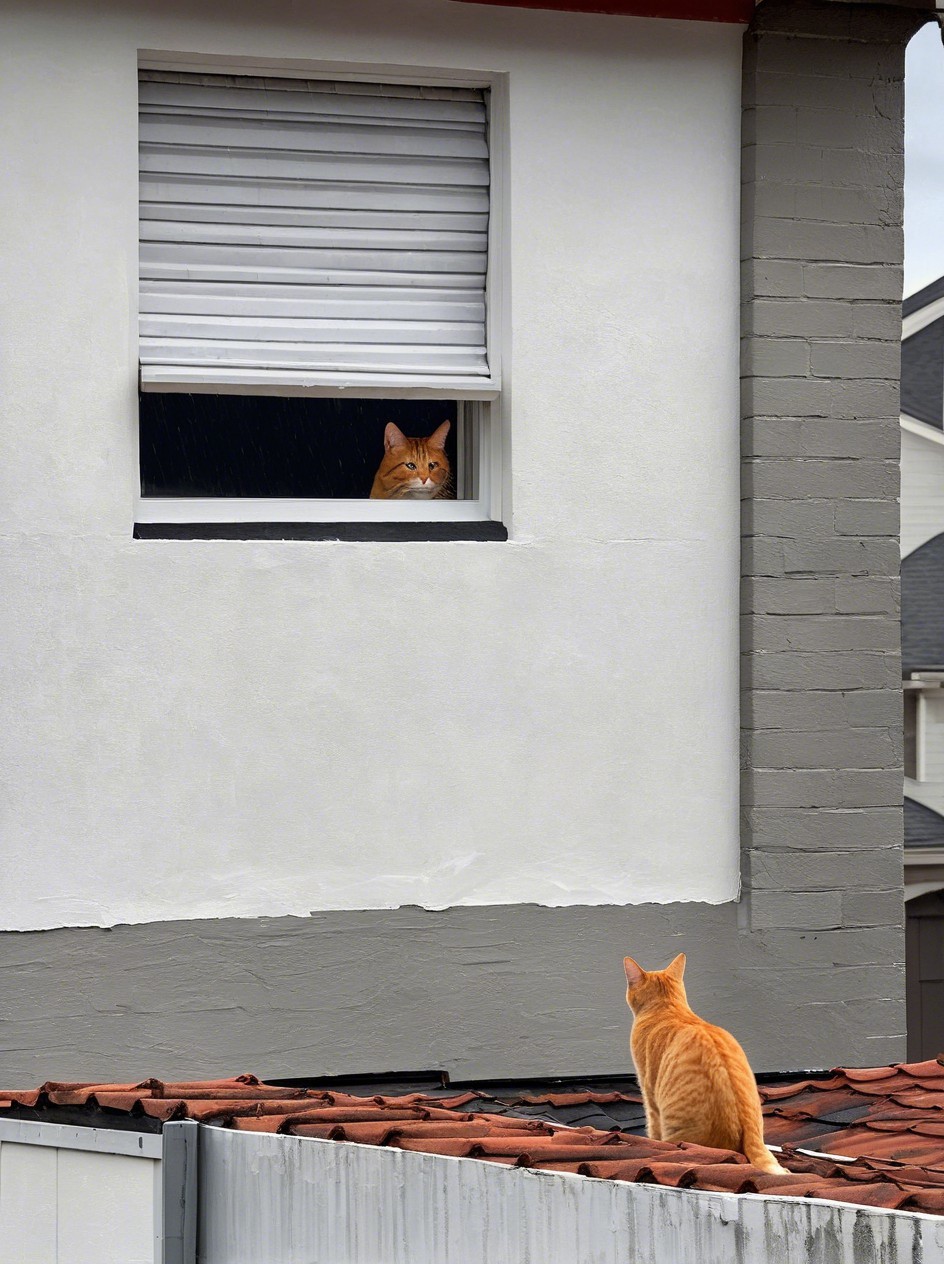Orange Cats in Playful Standoff on Roof and Window