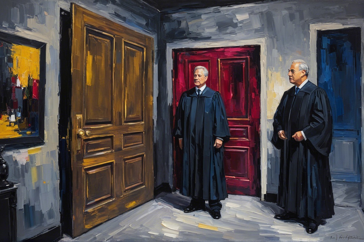 Judicial Figures in Hallway with Contrasting Doors