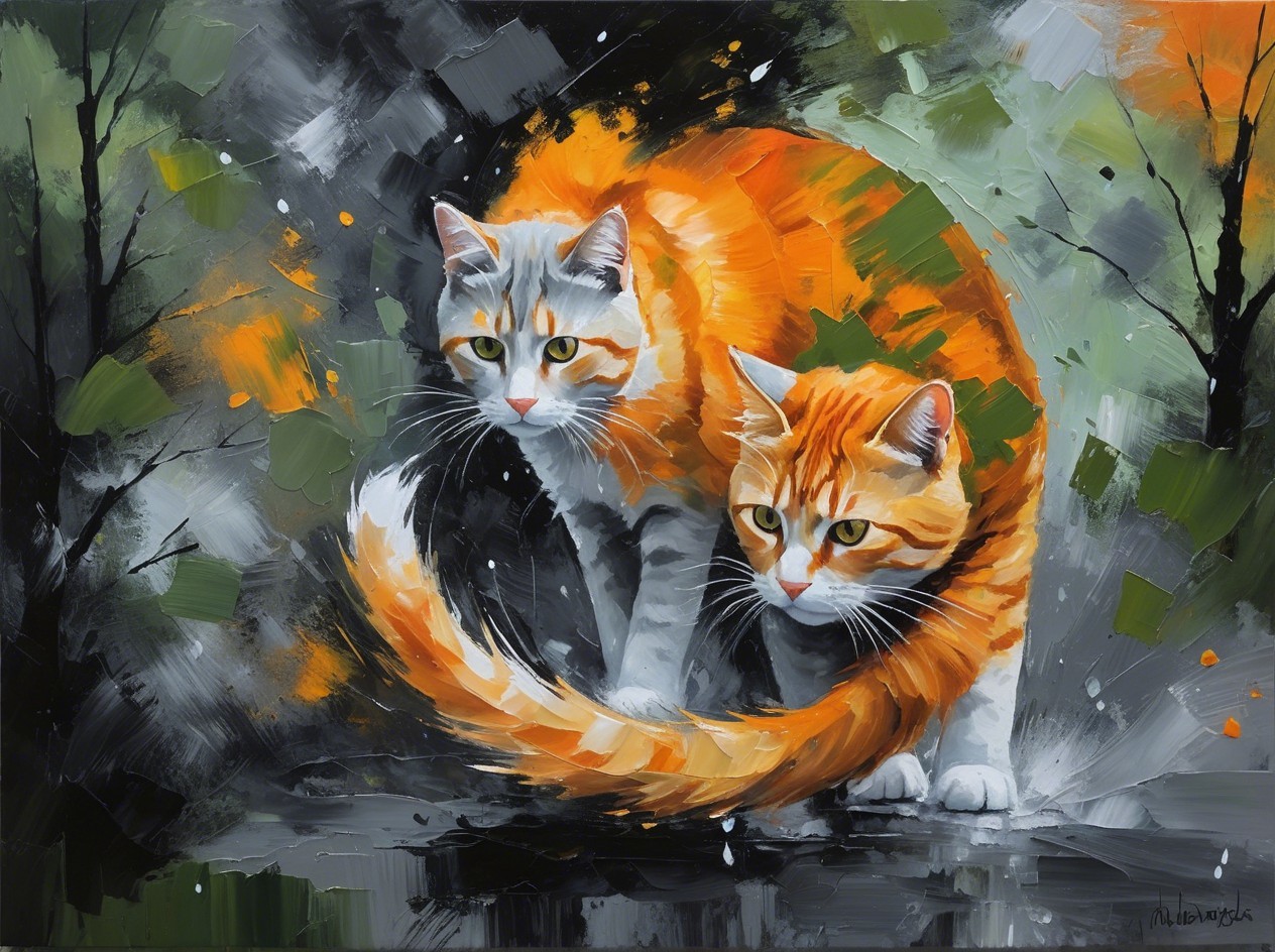 Vibrant Artwork of Two Playful Orange Cats