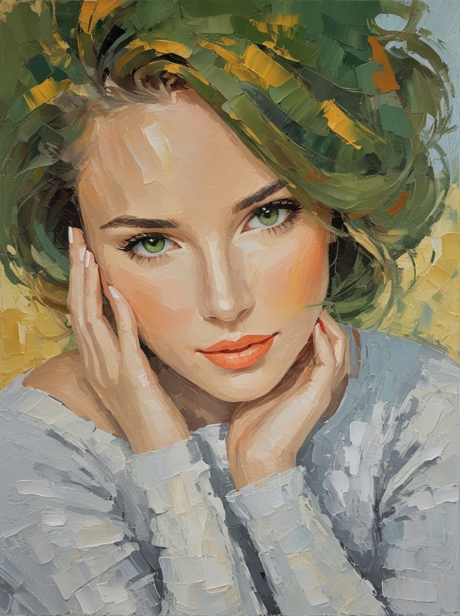 Portrait of a Young Woman with Green Hair and Eyes