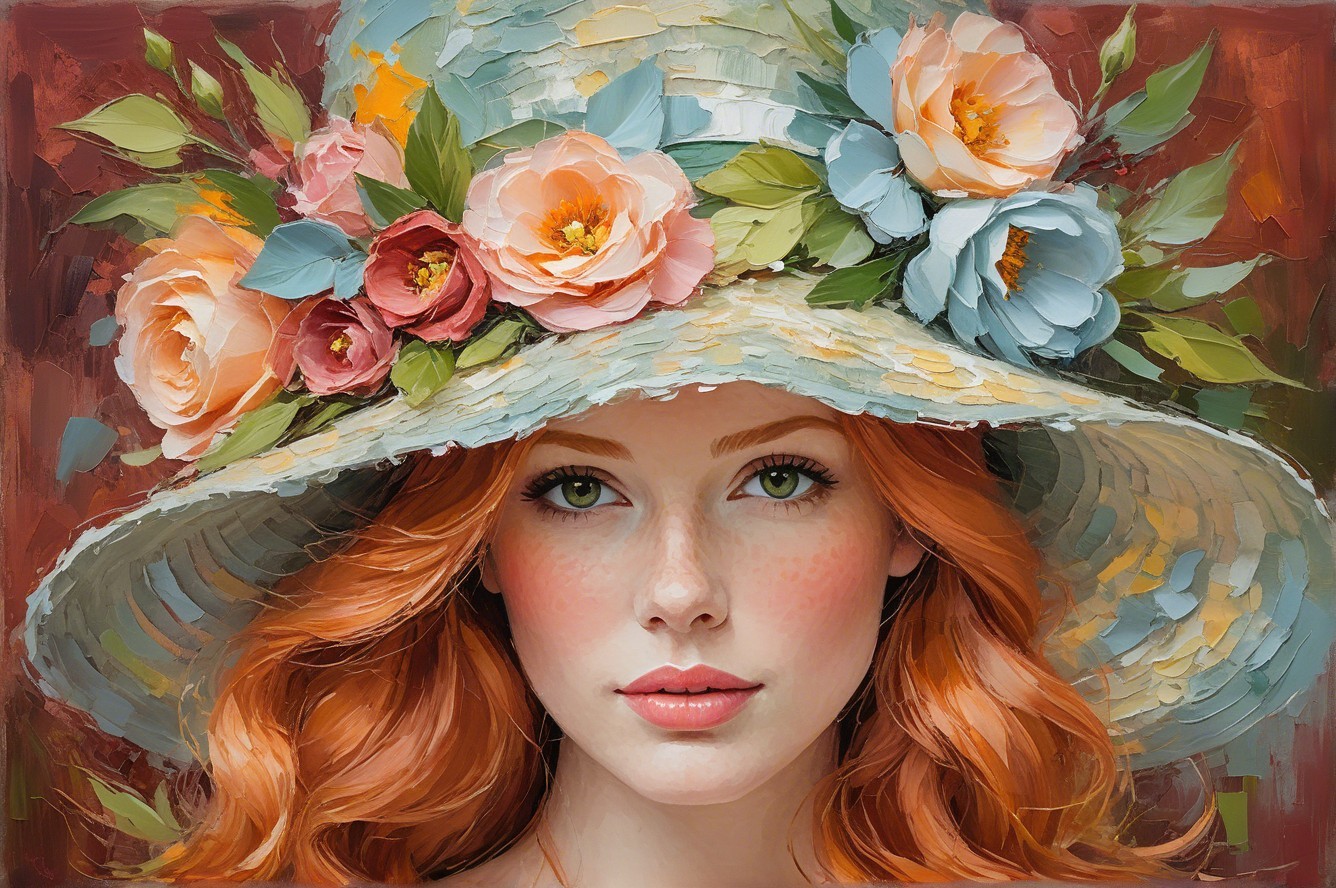 Young woman with red hair and decorative straw hat