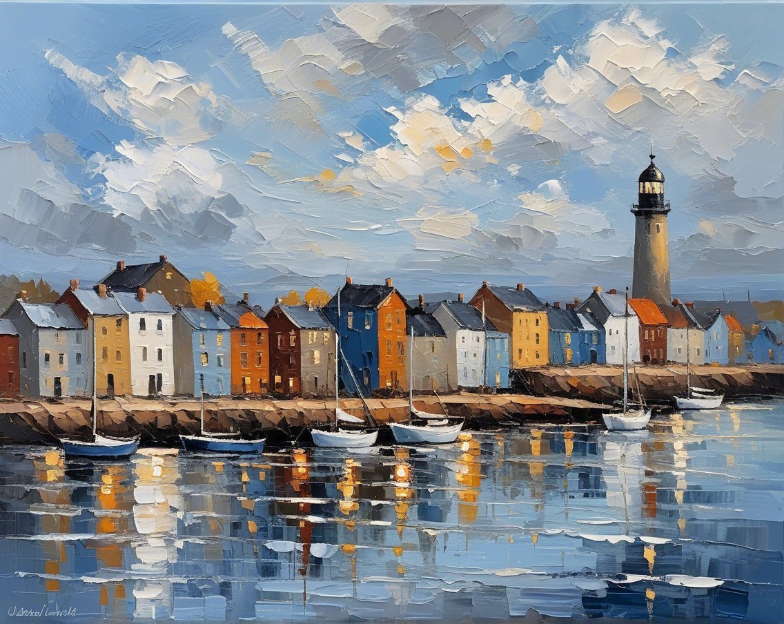 Coastal Scene with Lighthouse and Vibrant Village
