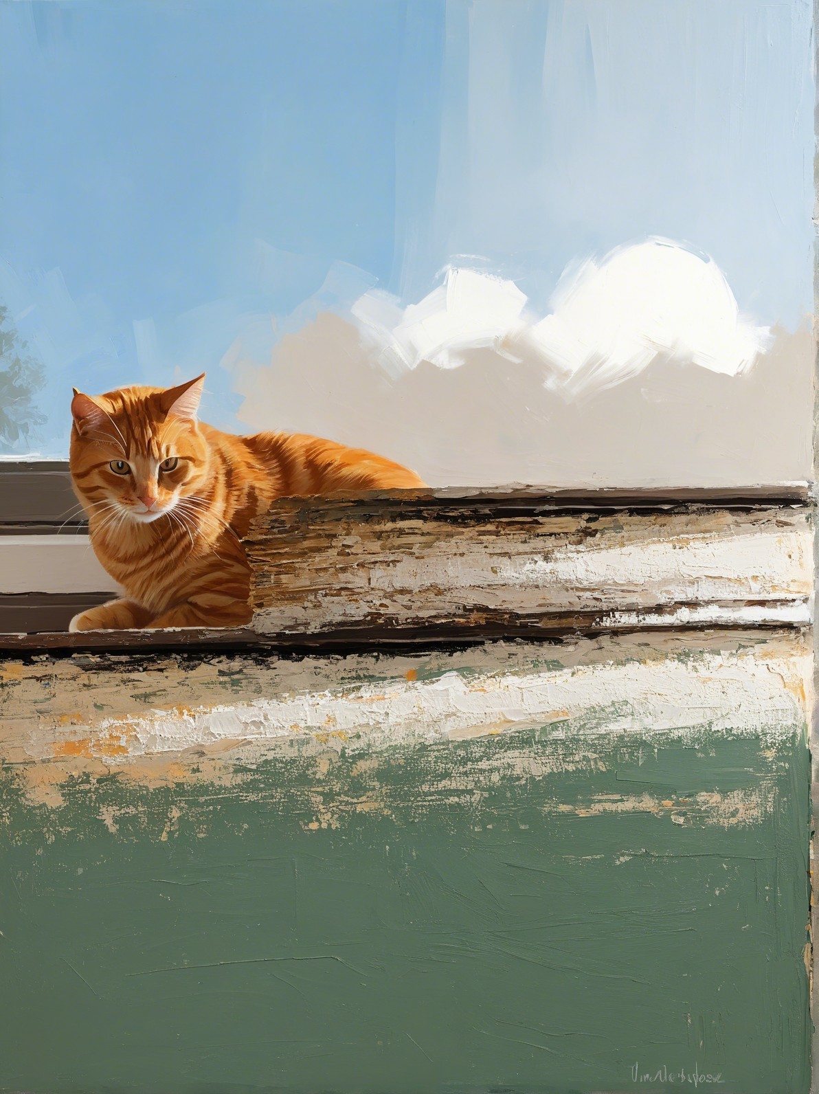 Orange Tabby Cat on Weathered Windowsill with Sky
