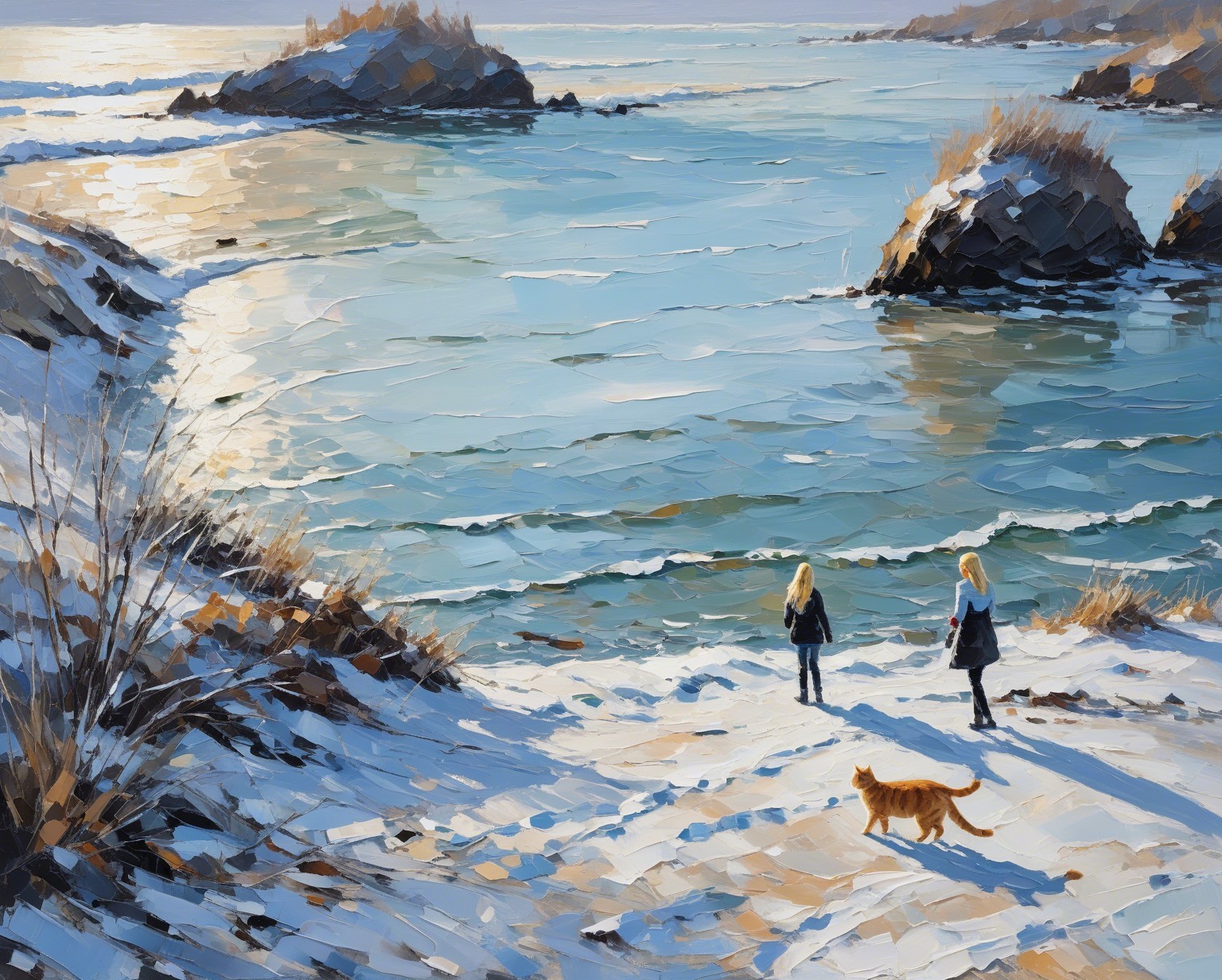 Oil Painting of Women and Cat on Snowy Beach Scene