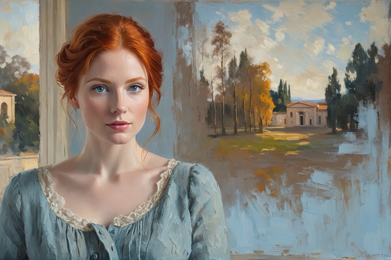 Young Woman with Red Hair in Serene Landscape Setting