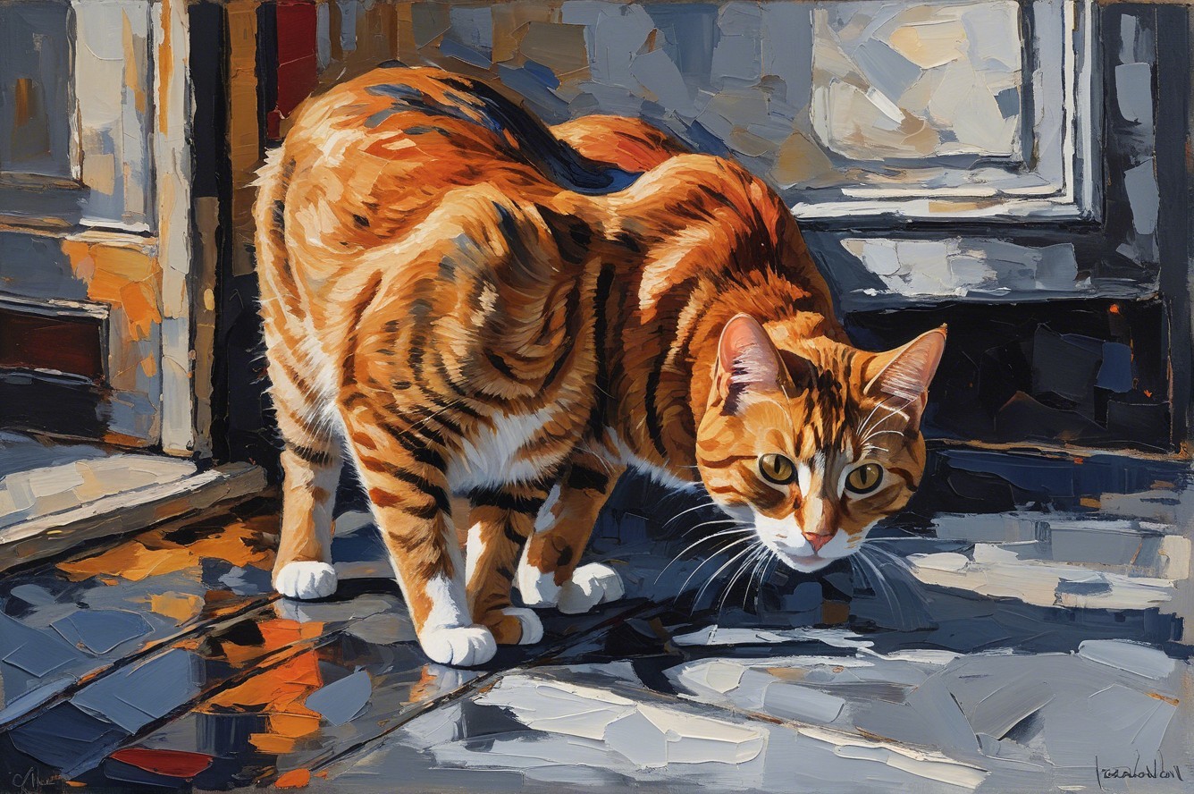 Impressionistic Art of a Ginger Tabby Cat Crouching