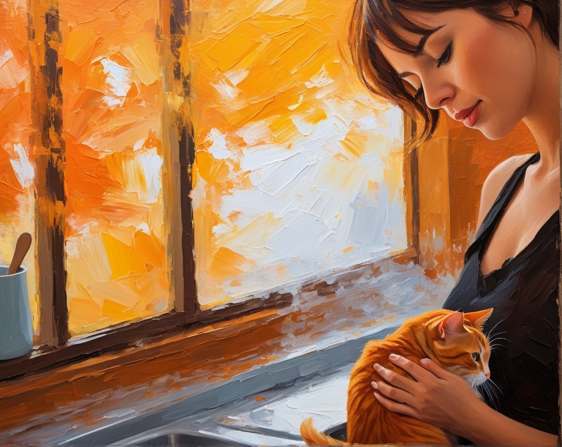 Young Woman Holding Orange Tabby Cat by a Window