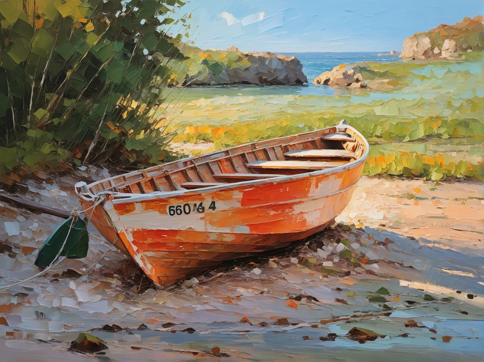 Vibrant Orange Boat on Sandy Shoreline with Foliage