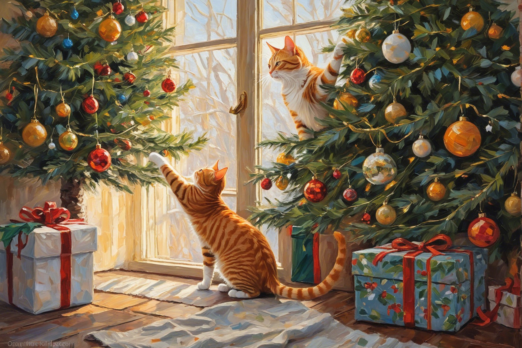 Ginger Tabby Cats with Christmas Trees in Cozy Room