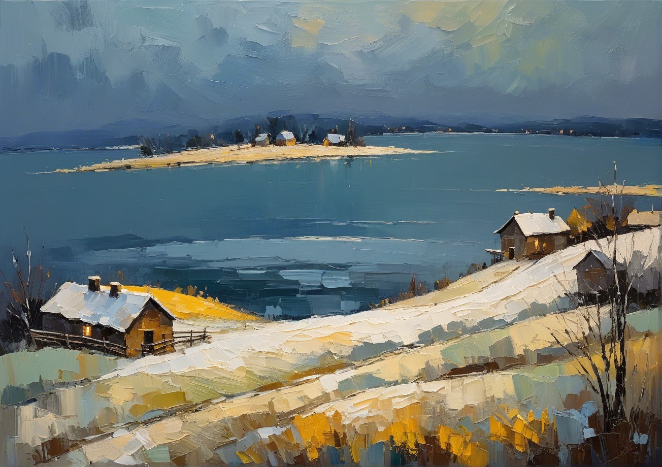 Serene Winter Landscape with Snowy Hills and Houses
