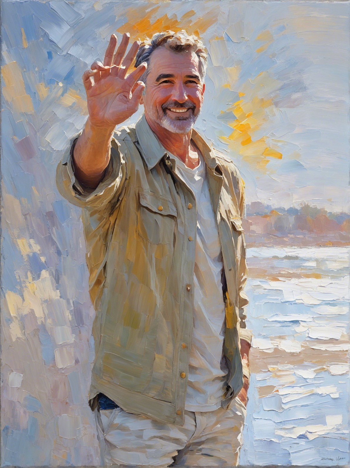 Impressionistic Painting of a Smiling Senior Man at Beach
