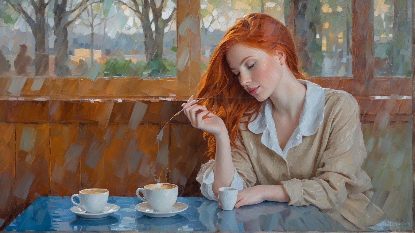 Young woman with red hair in a café setting